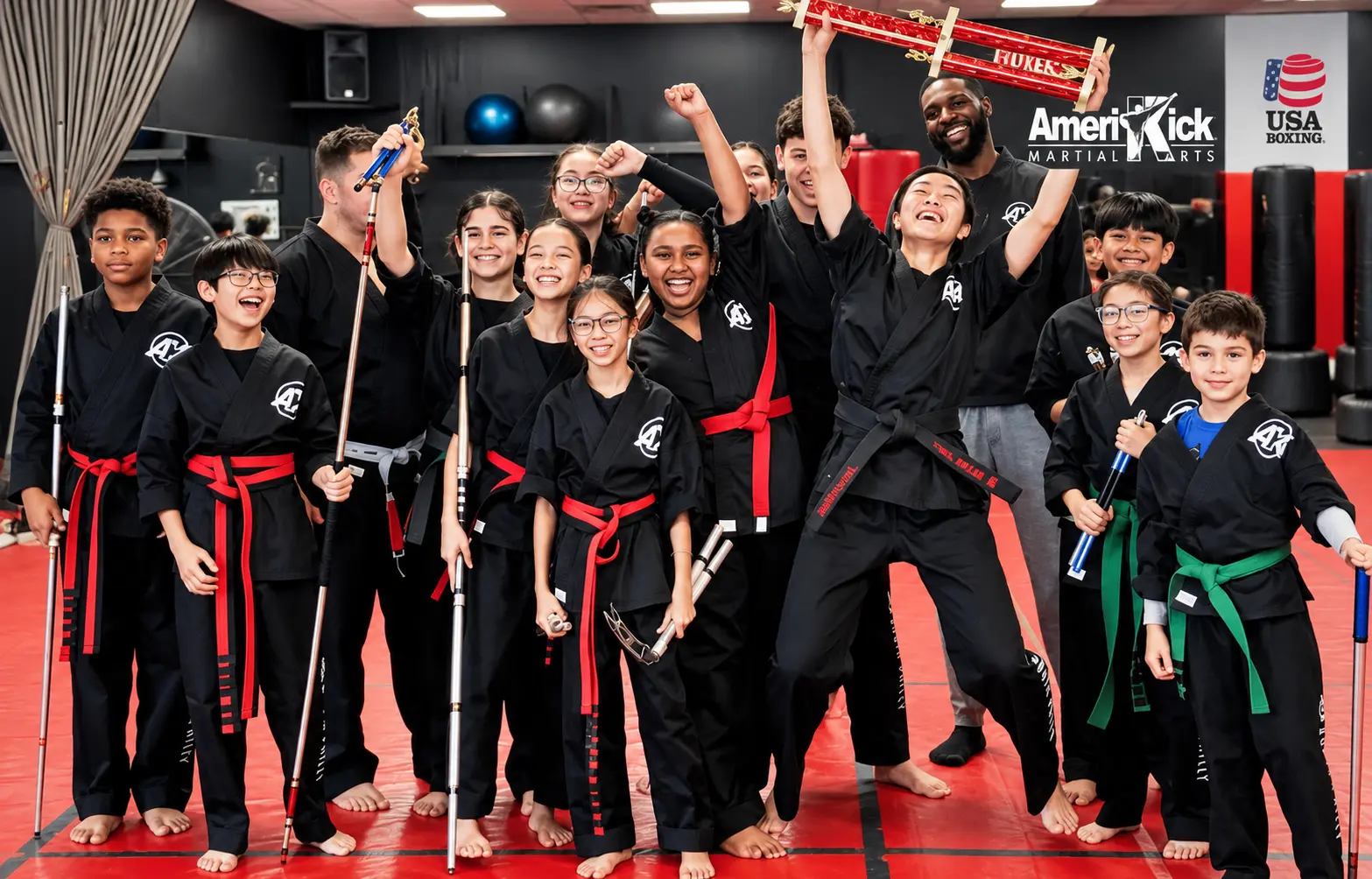 AmeriKick South Philadelphia students celebrating together after martial arts training