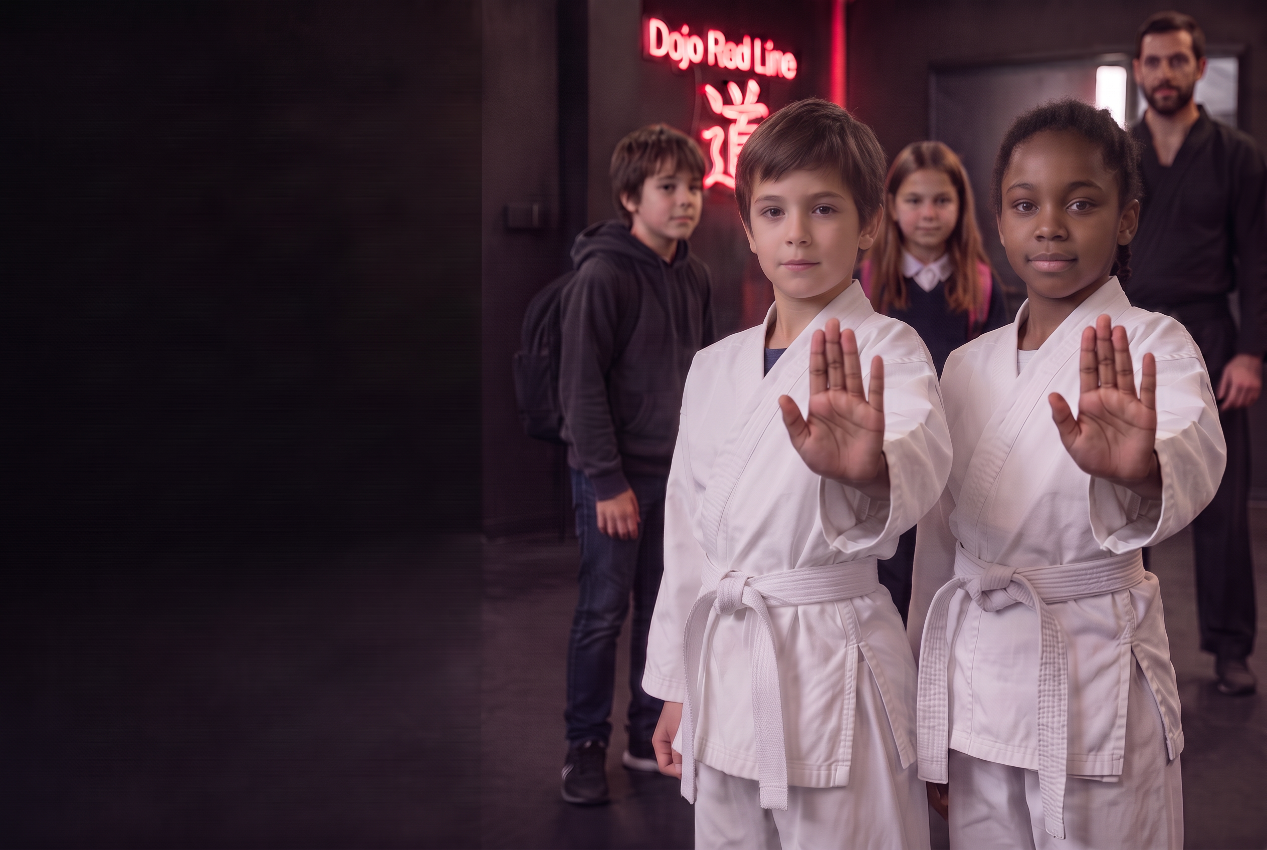 Two confident kids in karate uniforms raising open hands to set a boundary while an instructor supervises